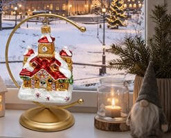 Juletræ pyntet med glas figur hus
